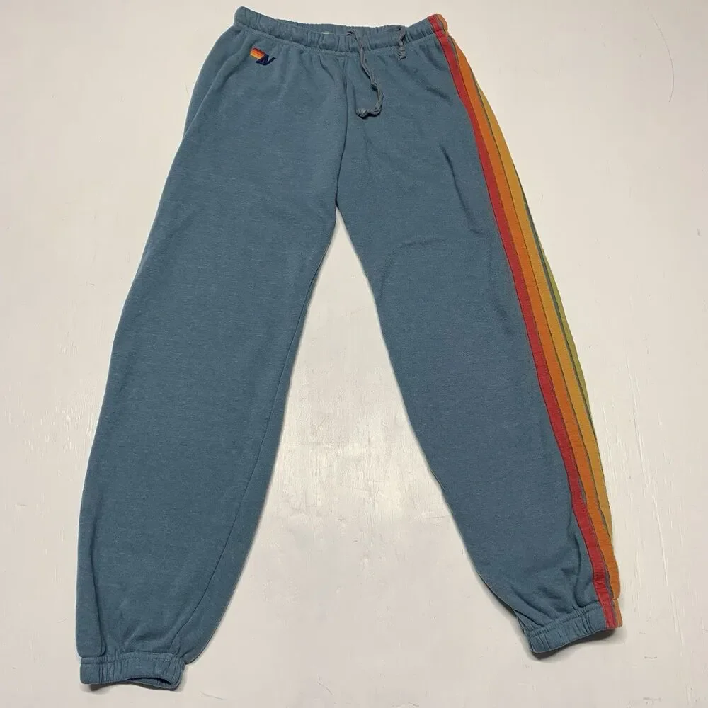 Aviator Nation 5 Striped Sweatpants Women Size L Blue Wash Casual USA Ultra Soft